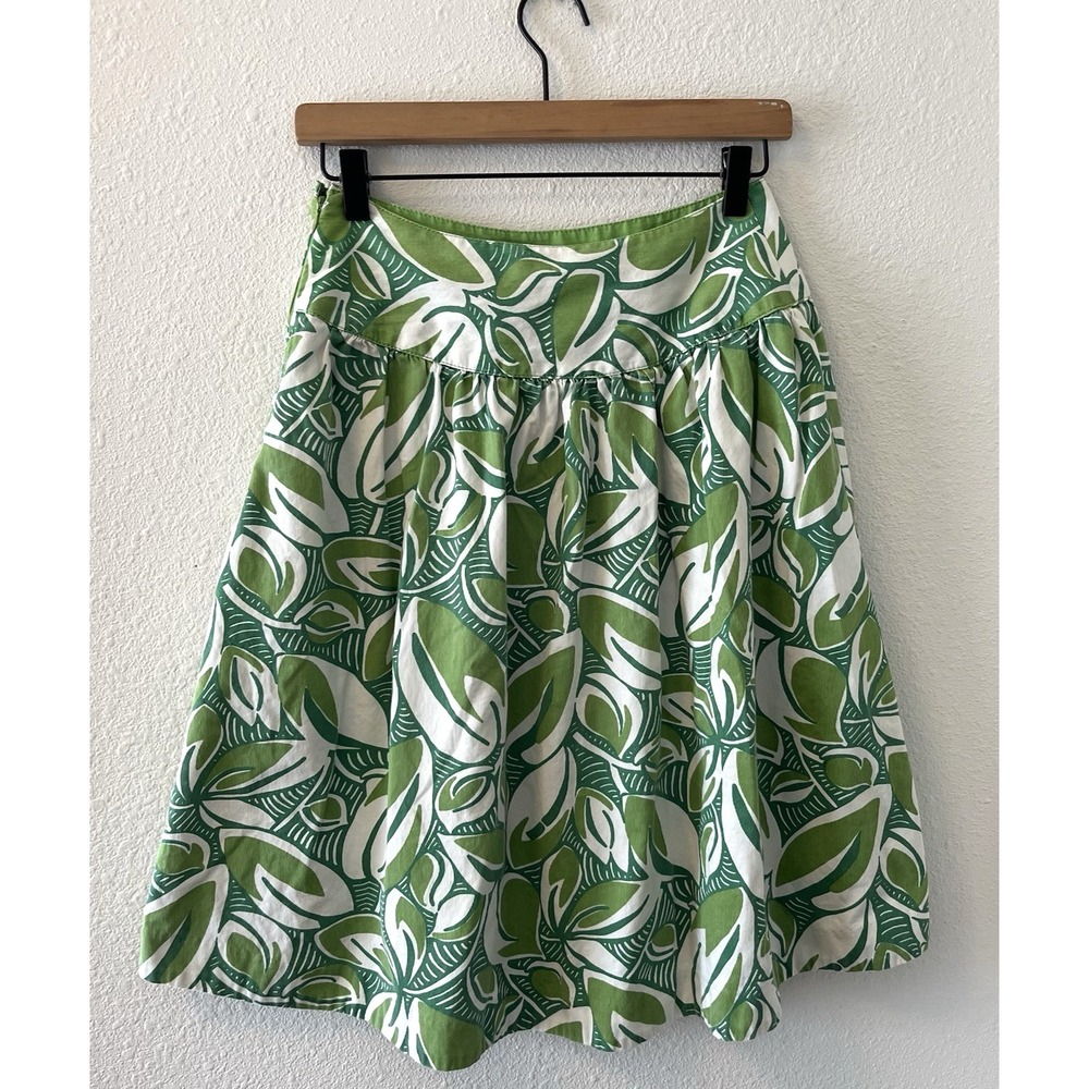 Vintage Y2K Merona Flared Skirt Womens 2 Green Palm Print Colorful Cottagecore